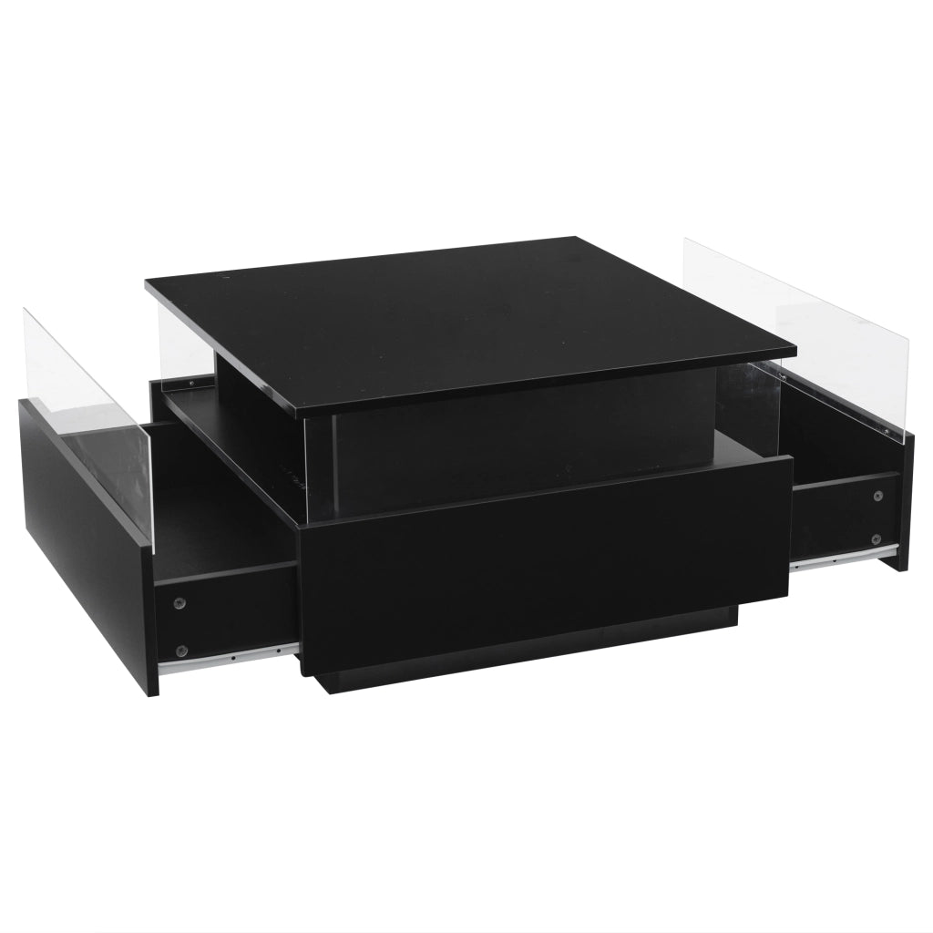 Tavolino da caff¨¨ moderno nero lucido con illuminazione LED, 2 cassetti e area espositiva trasparente, 70¡Á70¡Á41 cm, portata 30 kg