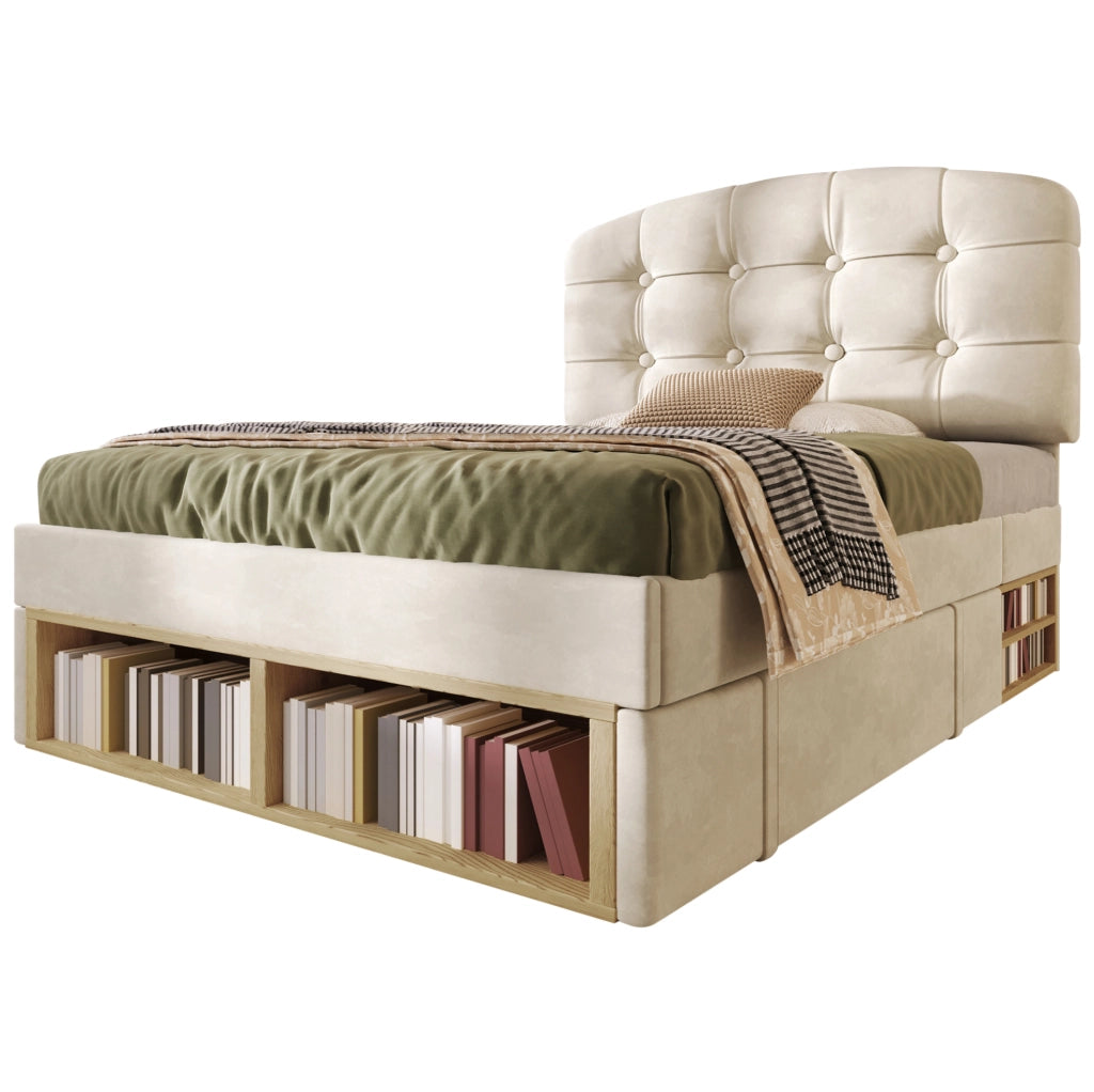 Letto imbottito beige con testiera regolabile e contenitore