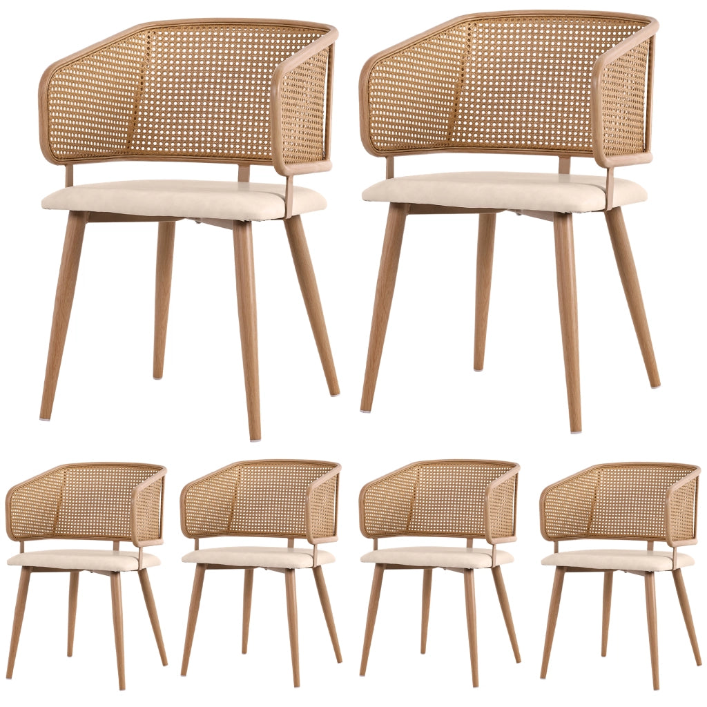 Sedie da Pranzo con Schienale in Rattan ¨C MINIMAL ¨C Set 6 Pezzi, Seduta in Ecopelle, Moderno