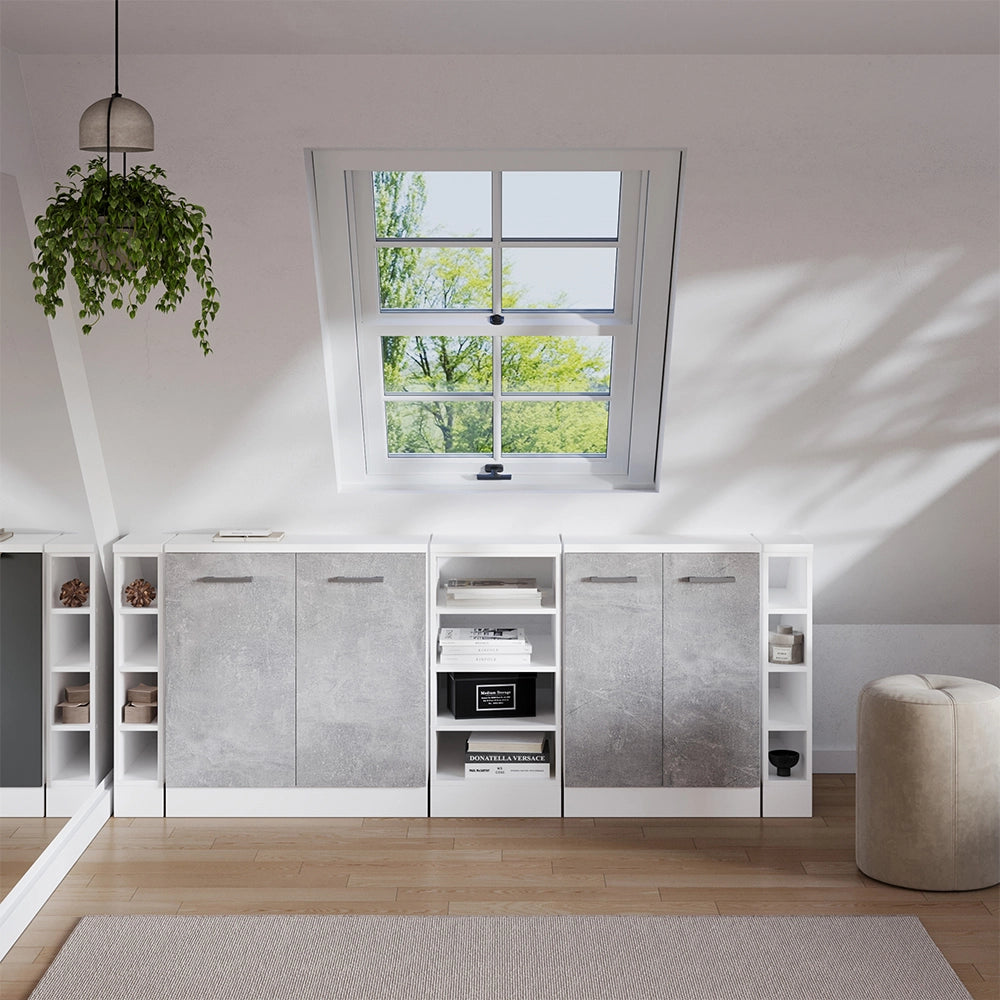 Set di mobili sottotetto Rion Calcestruzzo/Bianco 210 cm Set di 5 carcasse armadio profondità 60 cm Vicco