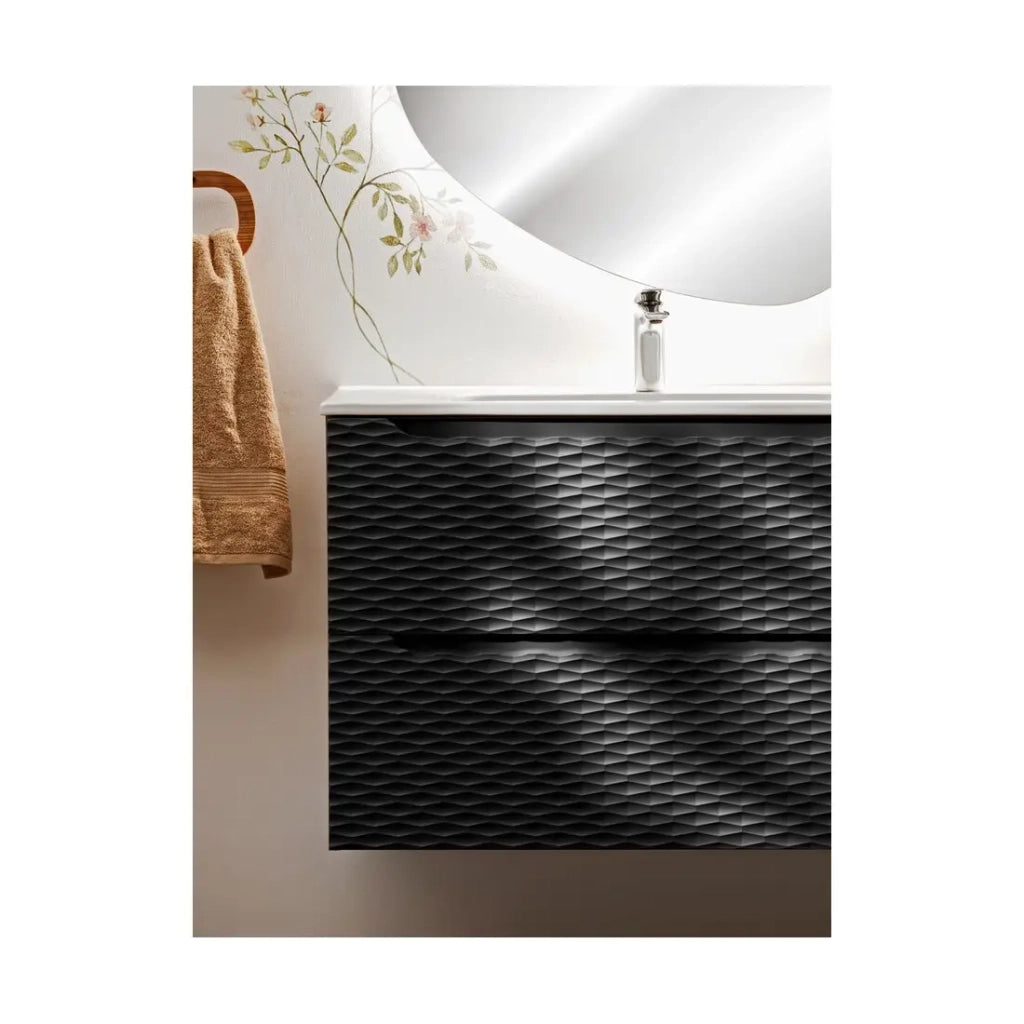 Mobile sottolavabo YOKA – 2 cassetti – Rovere chiaro e nero – L120 × P46 × H57 cm – Da appendere