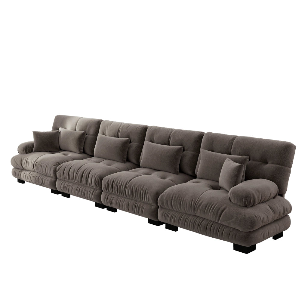 Divano angolare modulare 4 posti con seduta profonda e cuscini, in chenille marrone per soggiorno 406 × 77 × 81 cm