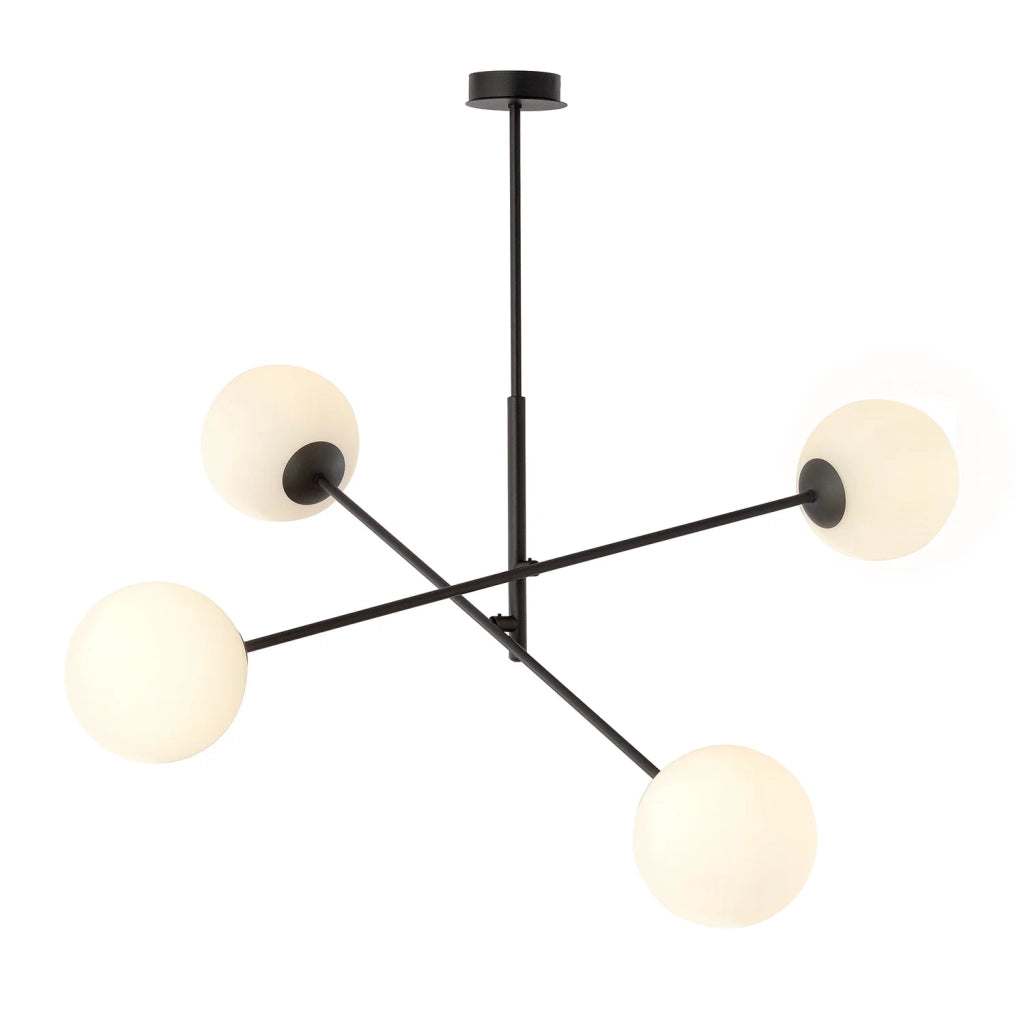Lampadario 4 Luci Yama In Acciao Nero Con Bracci Regolabili E Vetro Opale