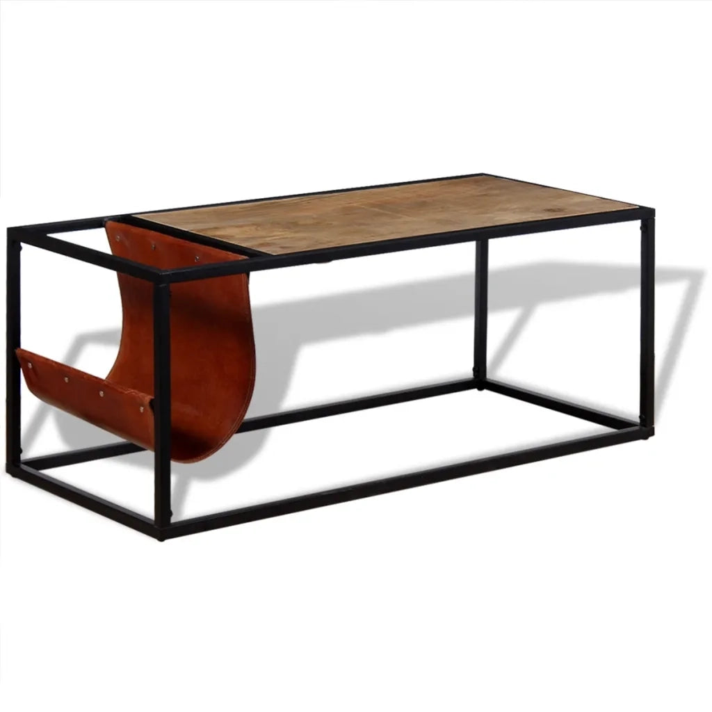 Tavolino da CaffÃ¨ in Vera Pelle con Portariviste 110x50x45 cm