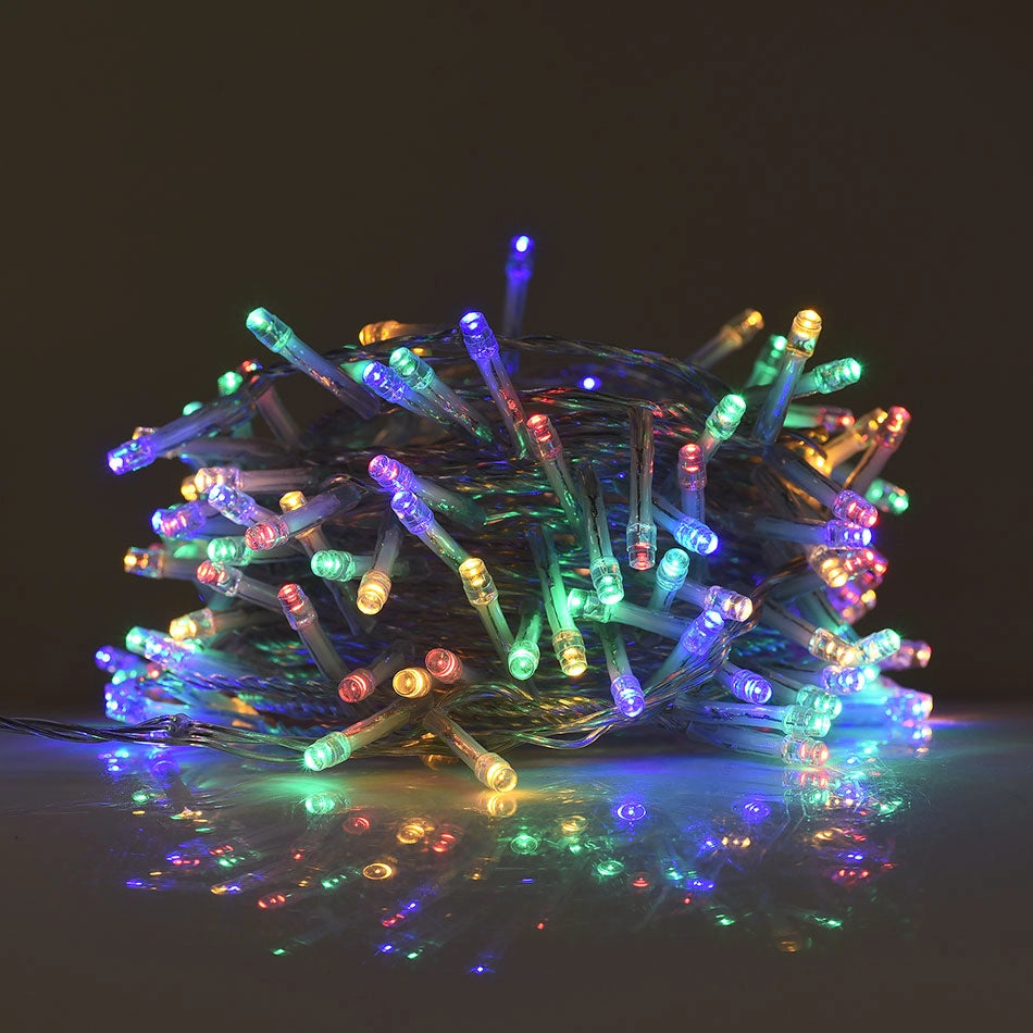 CATENA LUMINOSA LED 500 LUCI MULTICOLORE 25M CON CONTROLLER 8 FUNZIONI DI ILLUMINAZIONE CAVO TRASPARENTE IDEALE PER ESTERNO IP44