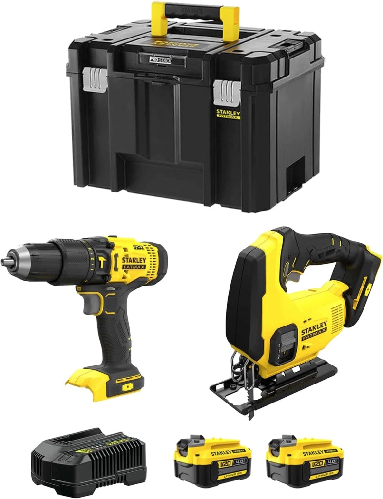 STANLEY FatMax Kit SVK205 (Trapano a Percussione SFMCD711 + Seghetto Alternativo SFMCS600 + 2 Batterie 4,0 Ah + Caricabatteria + TSTAK VI)