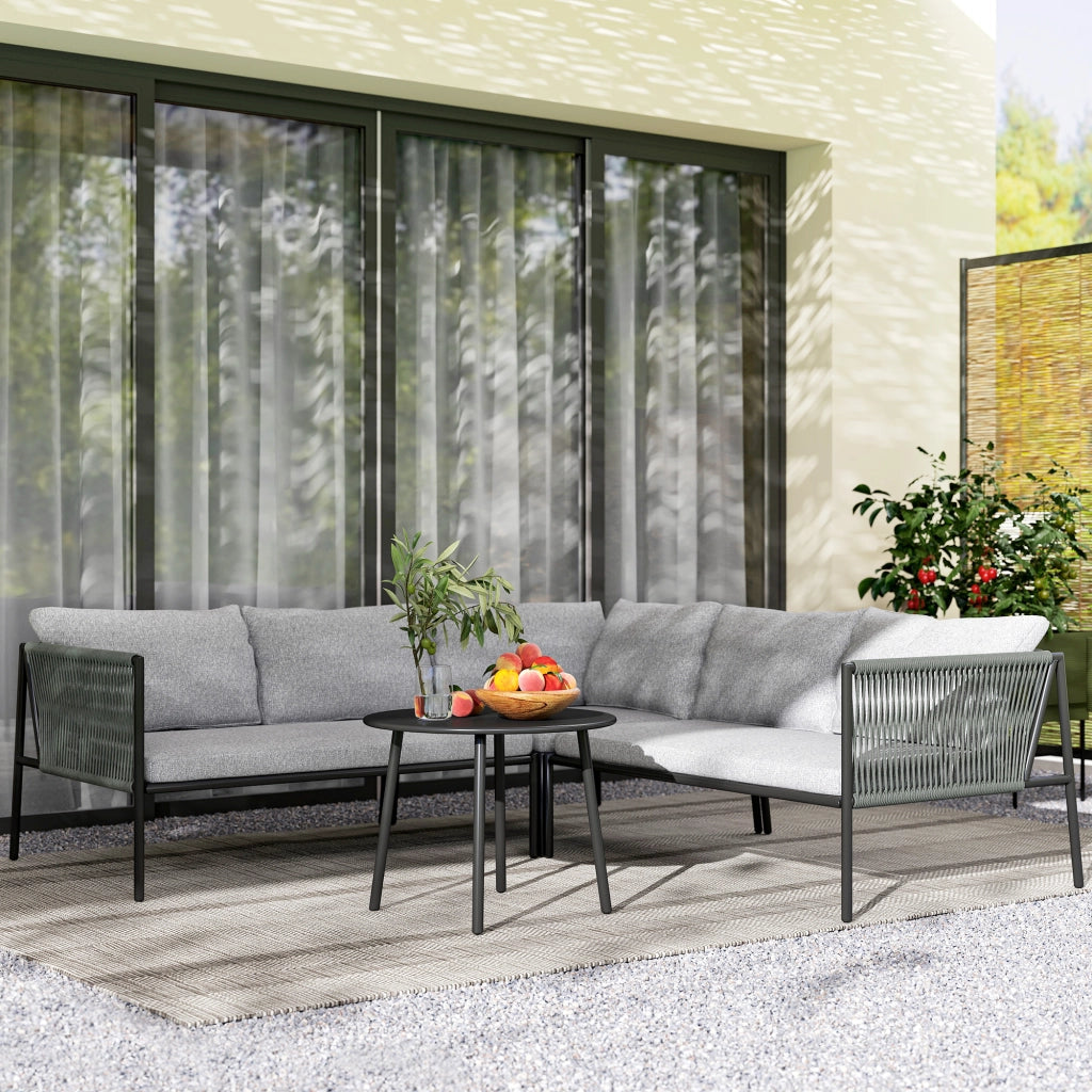 Salotto da Giardino in Rattan con Divano Angolare Modulabile, Tavolino da Caff¨¨ e Cuscini, Grigio