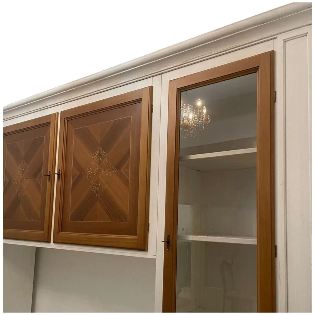 Parete attrezzata shabby legno bianca noce bassano con intarsi 298x56x237 (343f) - Mobili 2G