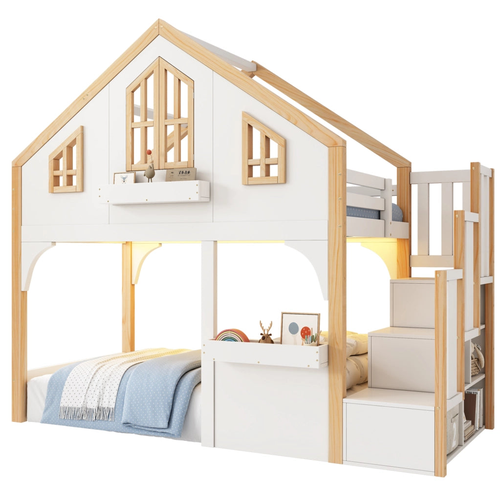 Letto a soppalco per bambini 90x200 cm con scala contenitore LED