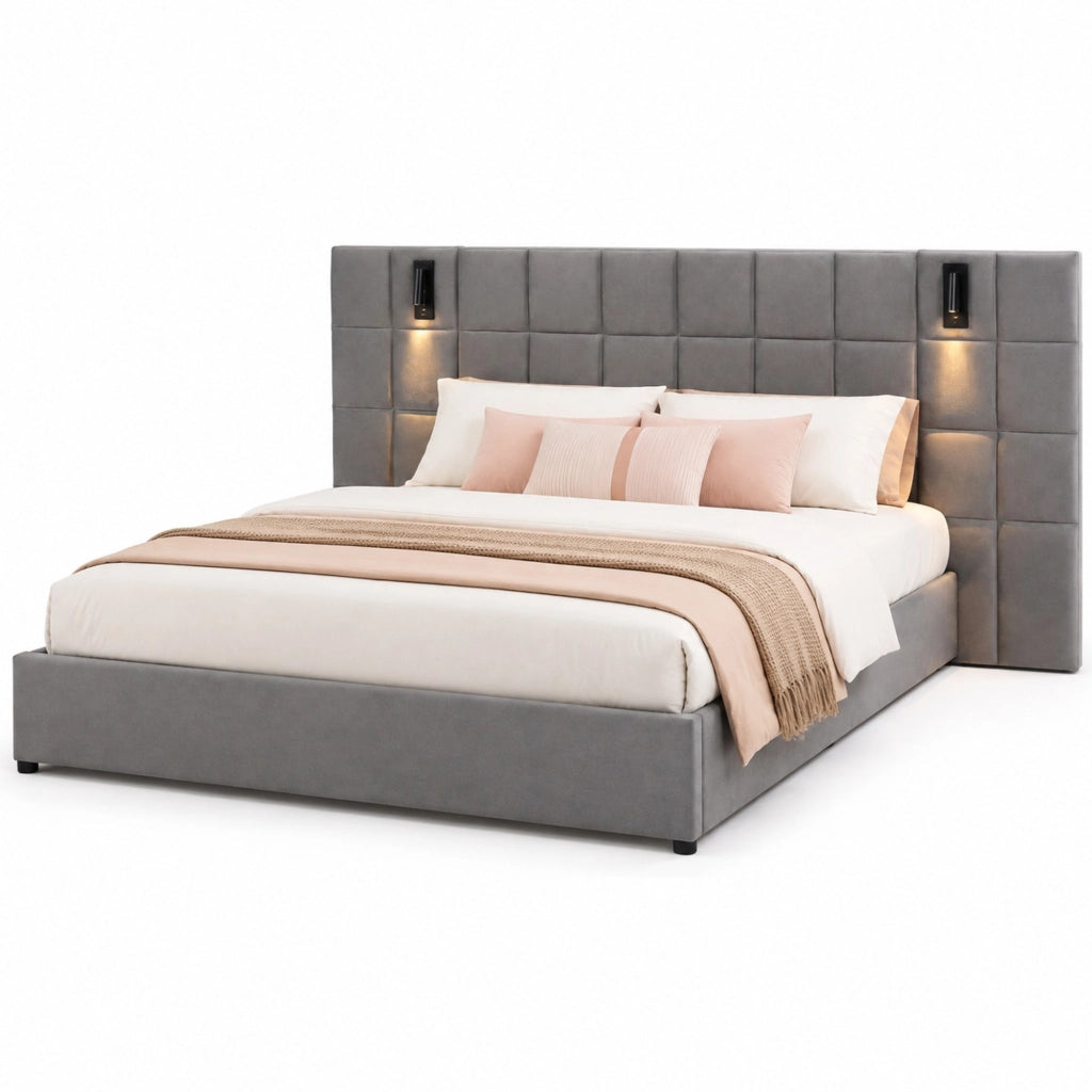 Letto imbottito matrimoniale 160x200 cm grigio con contenitore, lampada da lettura e porta USB