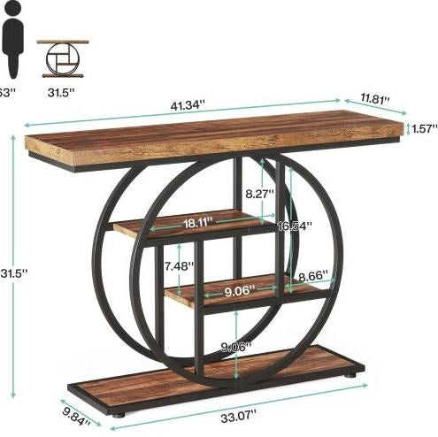 Tavolo consolle a 4 livelli in metallo e legno nero e marrone rustico 105x30x80 cm