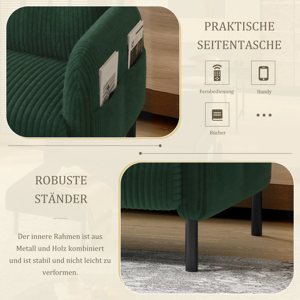 DIVANO 2 posti in corduroy verde smeraldo con tasca laterale, 120 x 75 x 79 cm