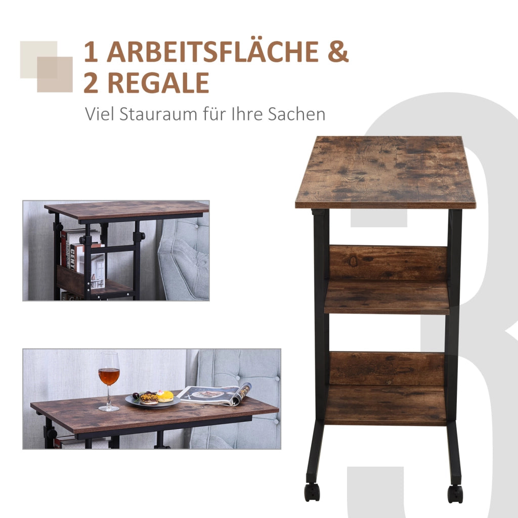 Tavolino con rotelle, regolabile in altezza, compatto, 2 ripiani, telaio in metallo ¨C zephmum ¨C Marrone/Nero, 80x40x72-82 cm