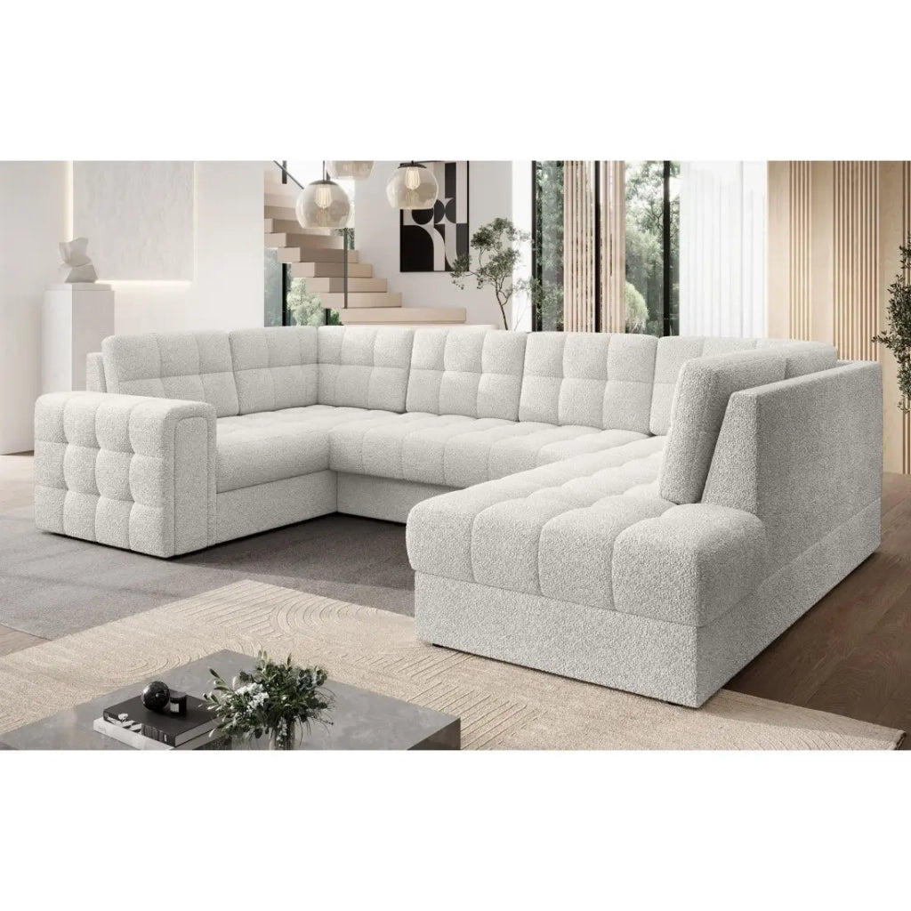 Divano ad angolo convertibile MONTEZA bianco bouclé 299 cm con vano contenitore e letto