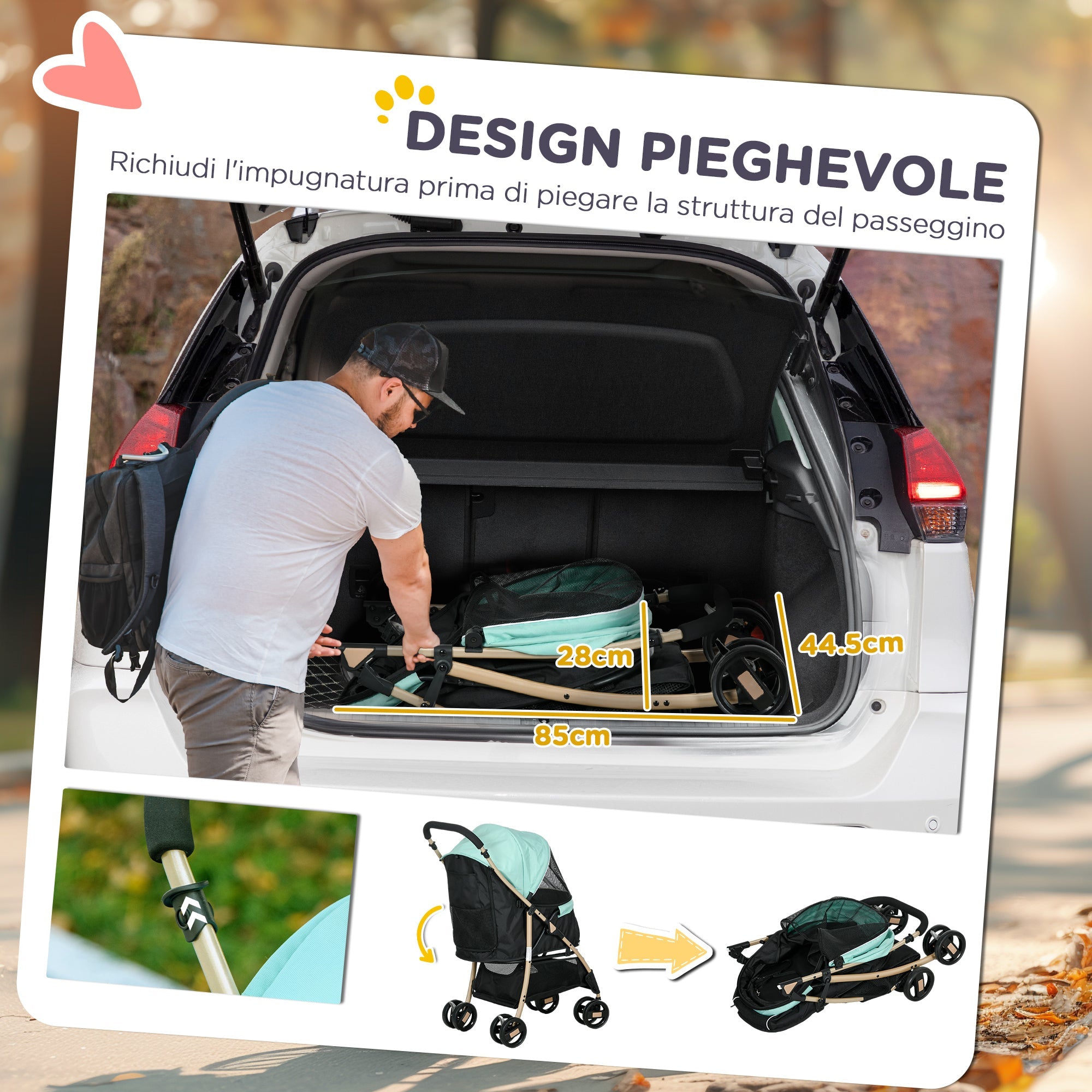 Passeggino per Cani Piccoli Pieghevole con Guinzaglio Integrato Verde