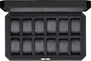 Cassa orologio in pelle da 12 pezzi - Organizzatore di cassetti per orologi da uomo, cassetta di conservazione con vetrata superiore grande (nero/grigio)