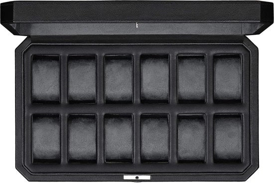 Cassa orologio in pelle da 12 pezzi - Organizzatore di cassetti per orologi da uomo, cassetta di conservazione con vetrata superiore grande (nero/grigio)