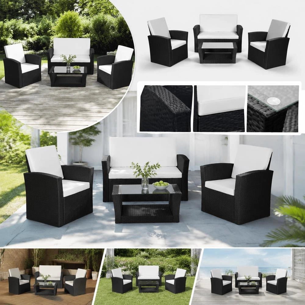 4-piece Garden Lounge Set With Cushions, Poly Rattan, Black