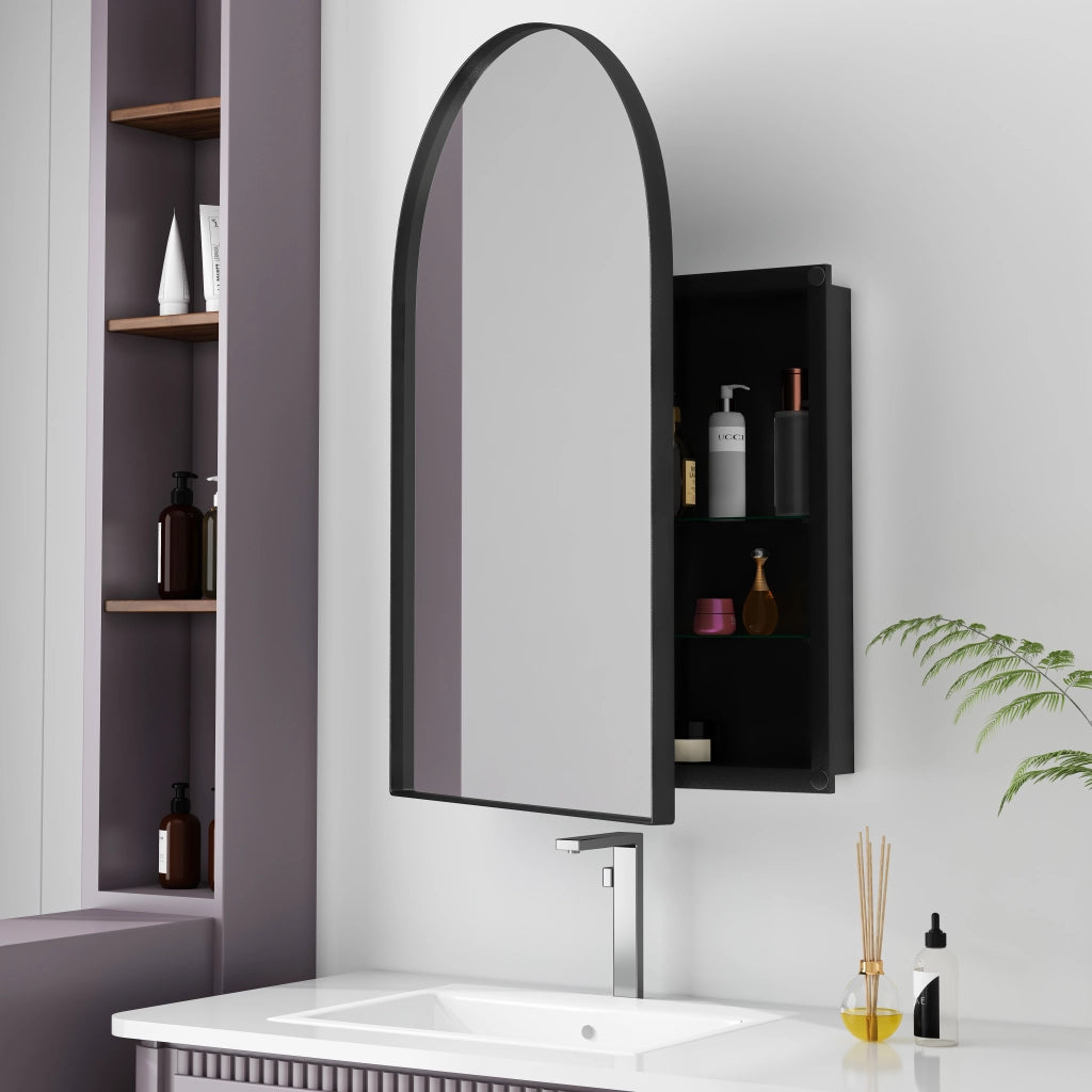 Armadietto a specchio ad arco con 2 ripiani regolabili installazione a parete o incasso in metallo nero per bagno