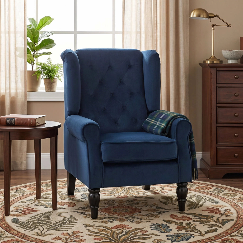Poltrona imbottita con braccioli e gambe in legno ¨C Minimal ¨C blu scuro 74x86x102cm