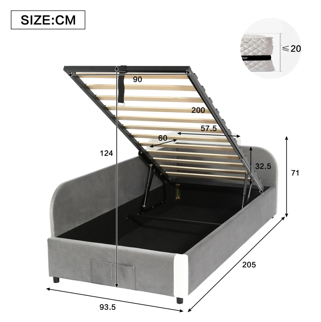 Letto imbottito 90x200 cm con contenitore idraulico e sponda morbida in velluto