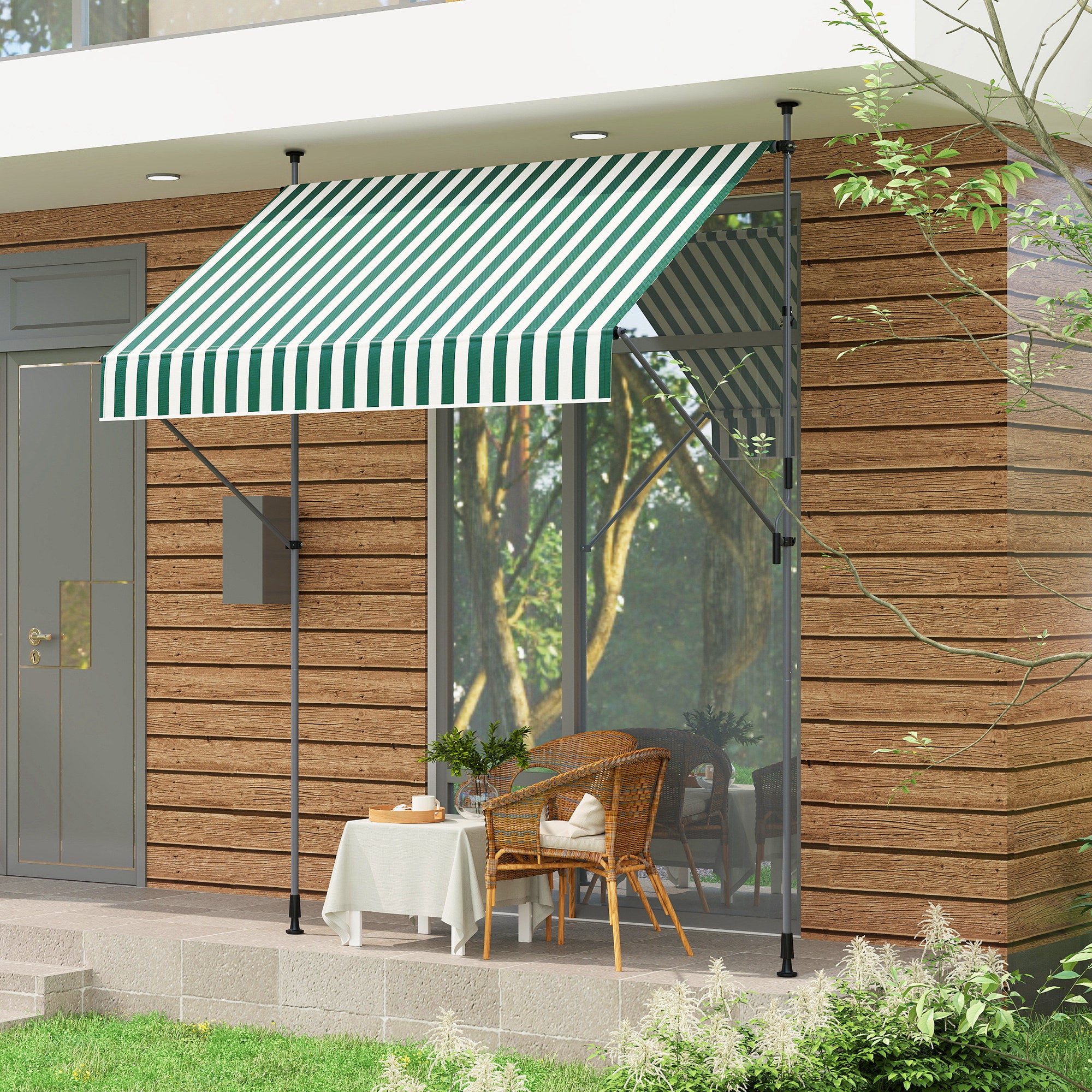 Tenda da Sole a Manovella Autoportante 2x1,2 m in Poliestere Verde e Bianco