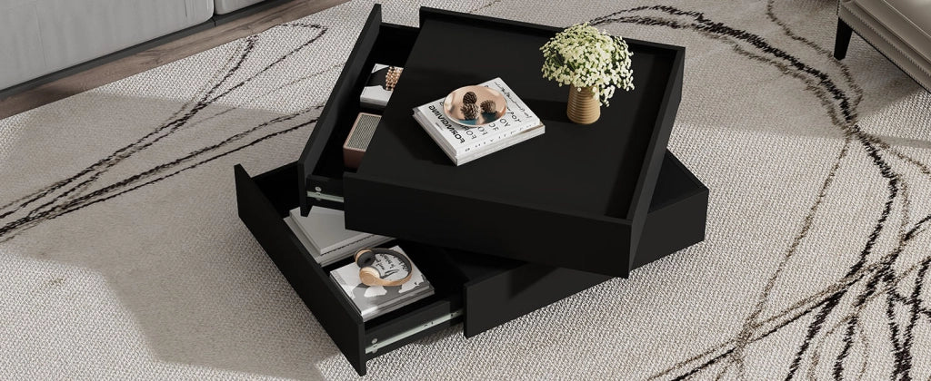 TAVOLINO DA CAFFÈ Girevole 360° 60x60x38 cm Nero con 2 Cassetti
