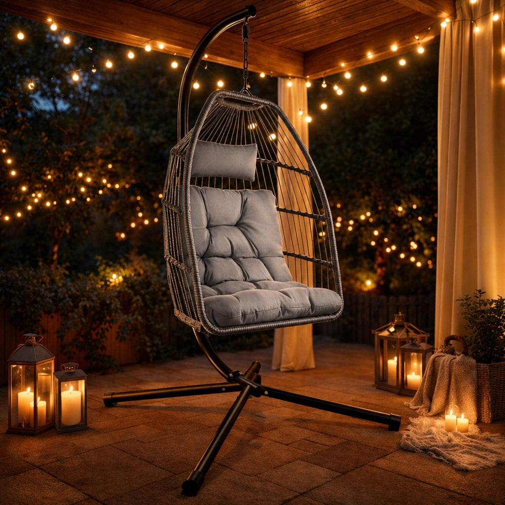 Poltrona Da Giardino Sospesa In Metallo E Rattan Con Cuscino Incluso Sedia A Dondolo Ideale Per Balcone E Terrazzo Arredo Da Esterno Design Moderno 107 x 98 x 202 Cm Grigio