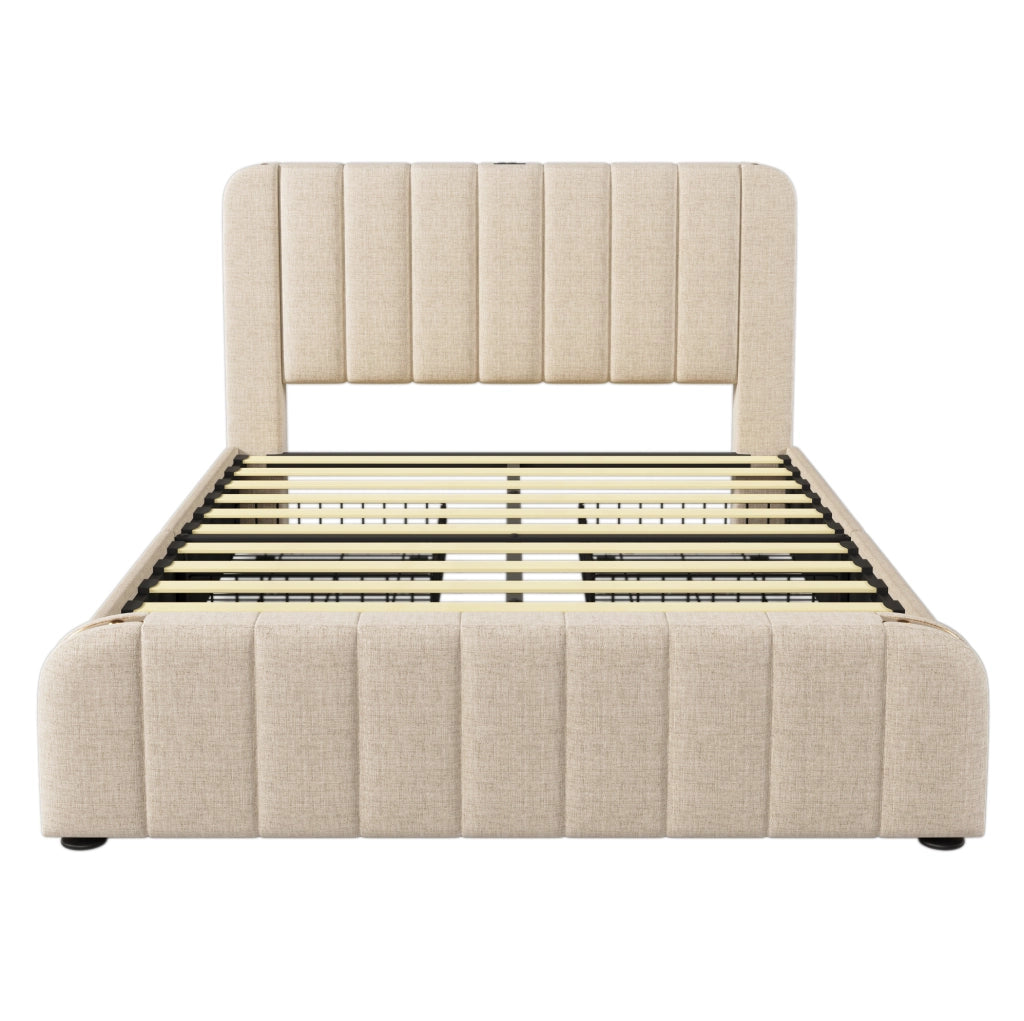 Letto matrimoniale imbottito 160x200 cm in lino beige con 4 cassetti; USB e materasso
