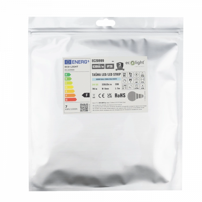 Striscia LED COB 320/m 7W 4000K 24V IP20 5m dimmerabile Ecolight