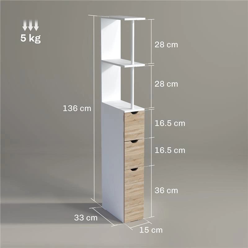 MOBILE COLONNA BAGNO SALVASPAZIO CON ARMADIETTO RIPIANI E CASSETTI 15X33X136 CM COLORE LEGNO