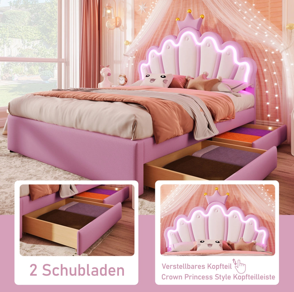 Letto imbottito 140 x 200 cm con luci LED e cassetti