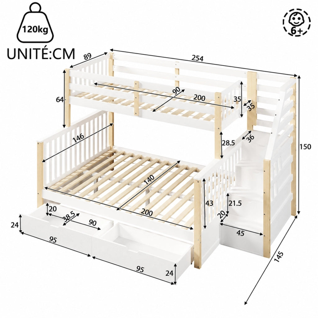 Letto a castello 90 × 200 cm et 140 × 200 cm con cassetti, barriera di sicurezza, senza materasso, pino, bianco naturale
