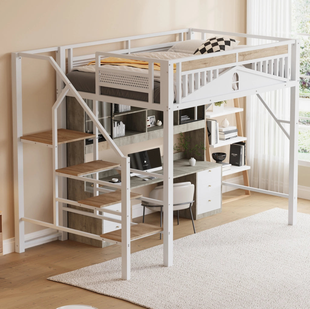 Letto a soppalco 140x200 cm con scala di sicurezza e spazio sotto il letto in metallo e legno bianco