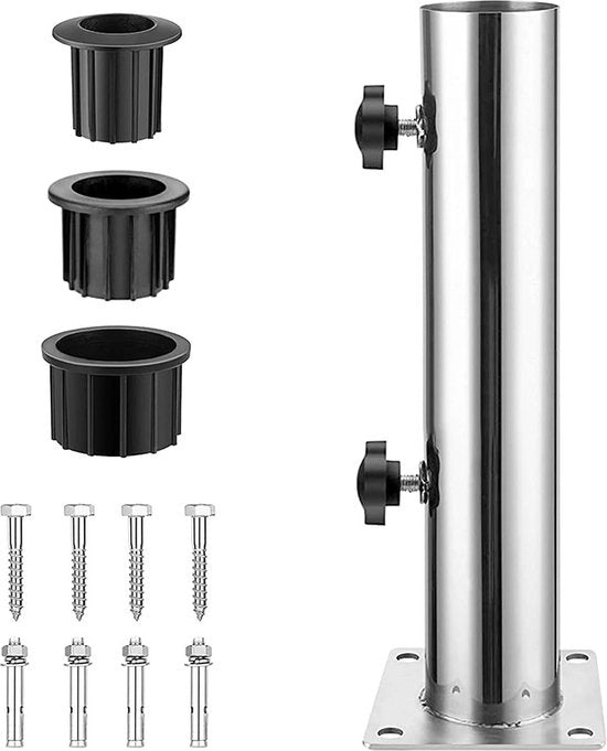 Supporto per parasole in acciaio inossidabile per base in granito - esterno - diametro massimo 55 mm - 3 o 4 fori - 115 mm - base quadrata con 4 fori.