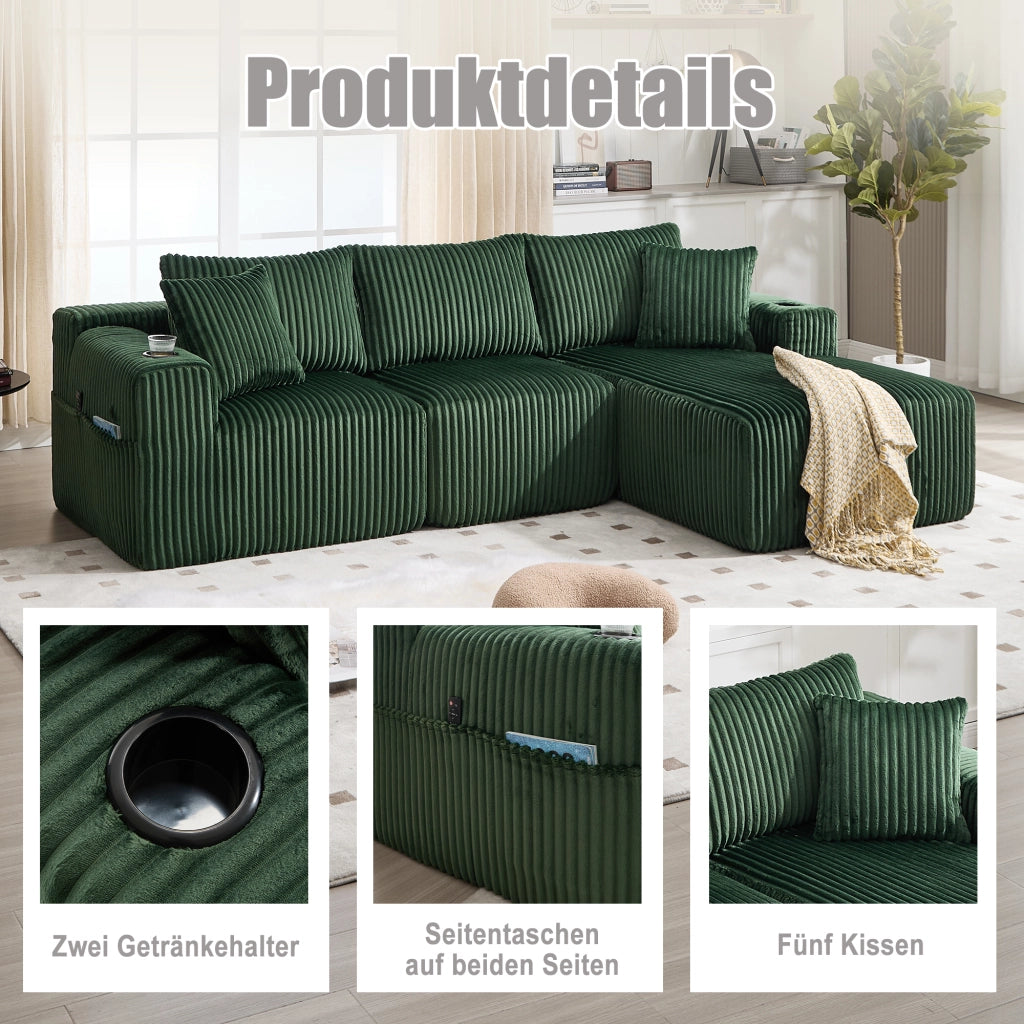 Divano modulare con chaise longue e 2 posti in velluto a coste con 5 cuscini e tasche laterali verde smeraldo