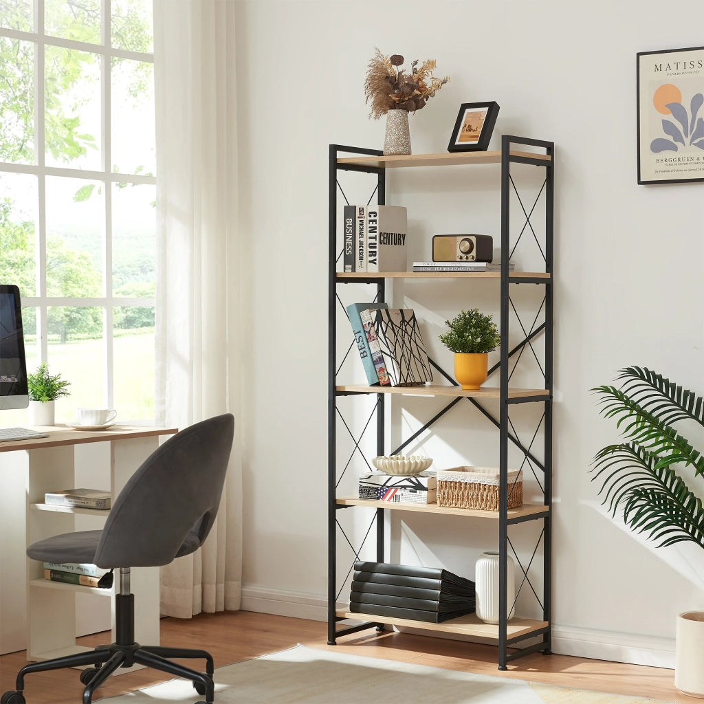 Libreria Skørping a 5 Ripiani Scaffale da Terra 160 x 65 x 30 cm - Nero / Effetto Rovere [en.casa]