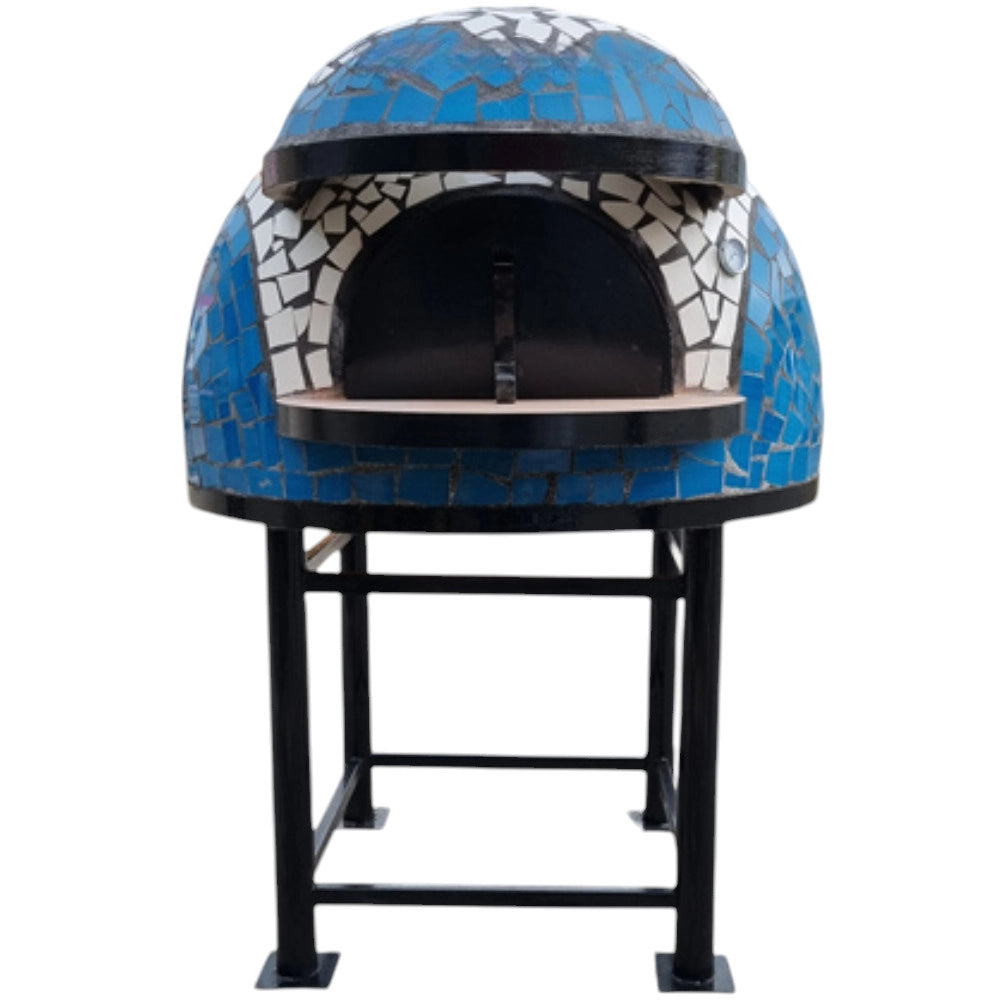 Forno a legna artigianale 80 cm capienza 2/3 pizze wave bianco azzurro con base