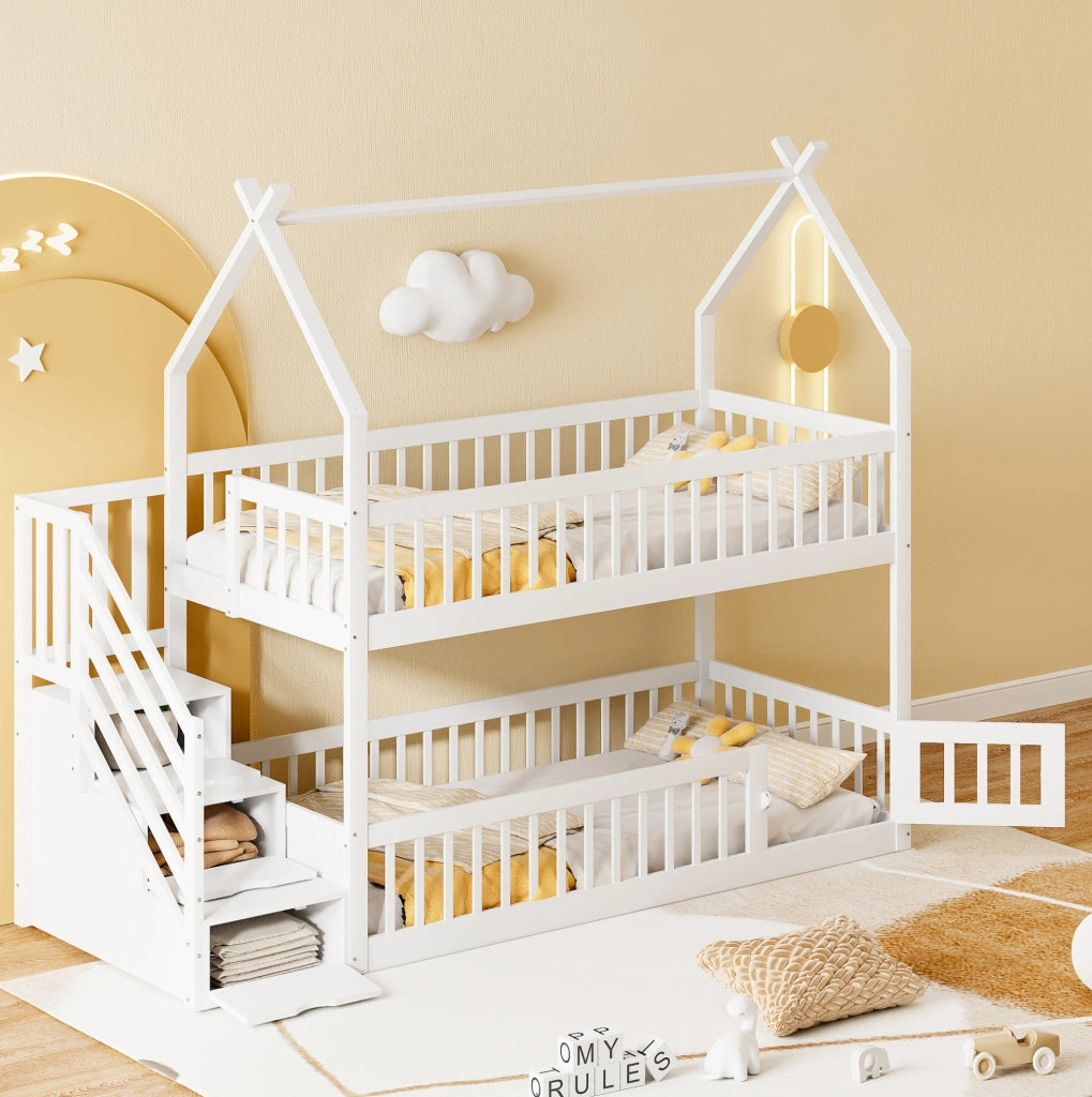 Letto a castello per bambini 90x200 cm in legno massello di pino con tetto; bianco