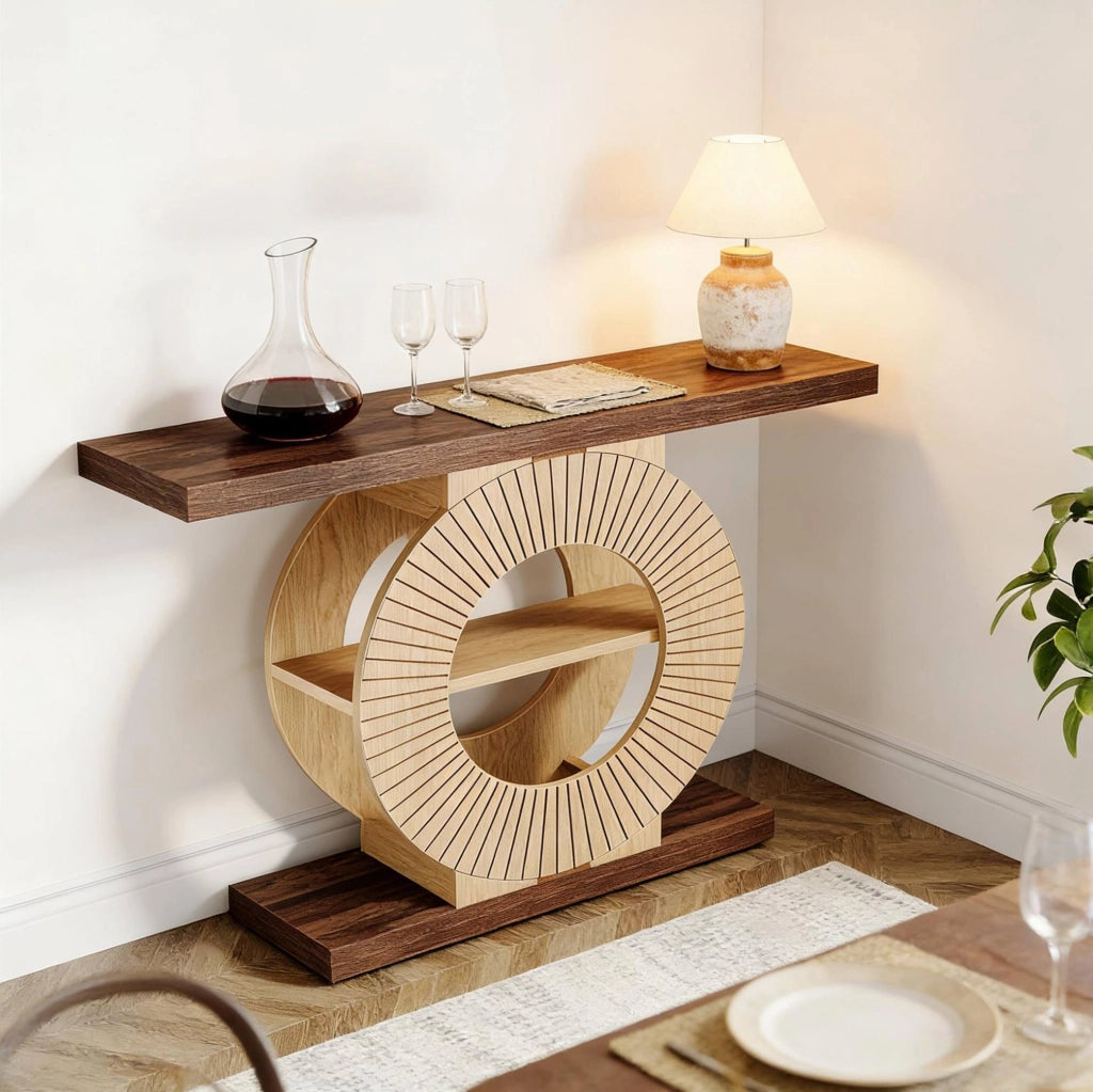 Tavolo consolle in legno con base rotonda e ripiani, design sottile per ingresso