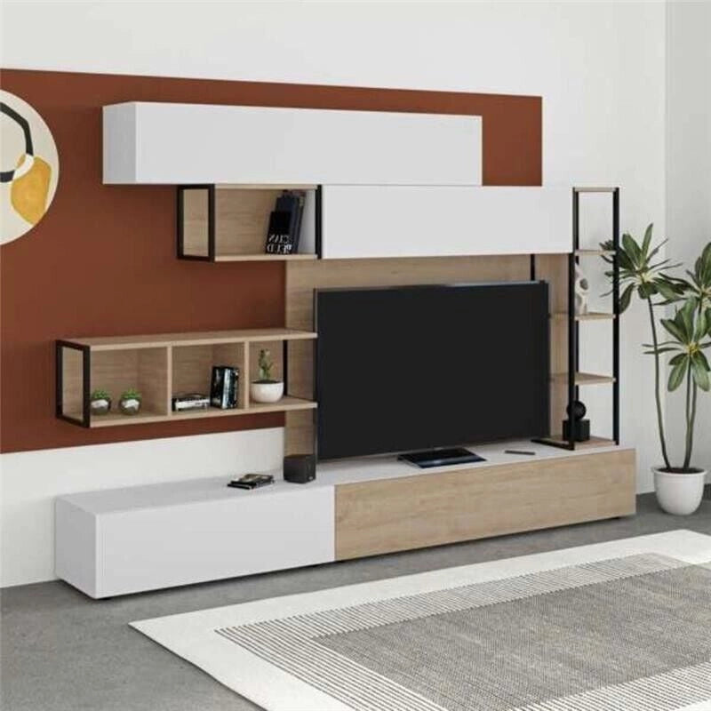 PARETE ATTREZZATA TRONADOR 260 CM BIANCO E ROVERE CON SCAFFALI IN DESIGN CUBICO E ANTE A RIBALTA