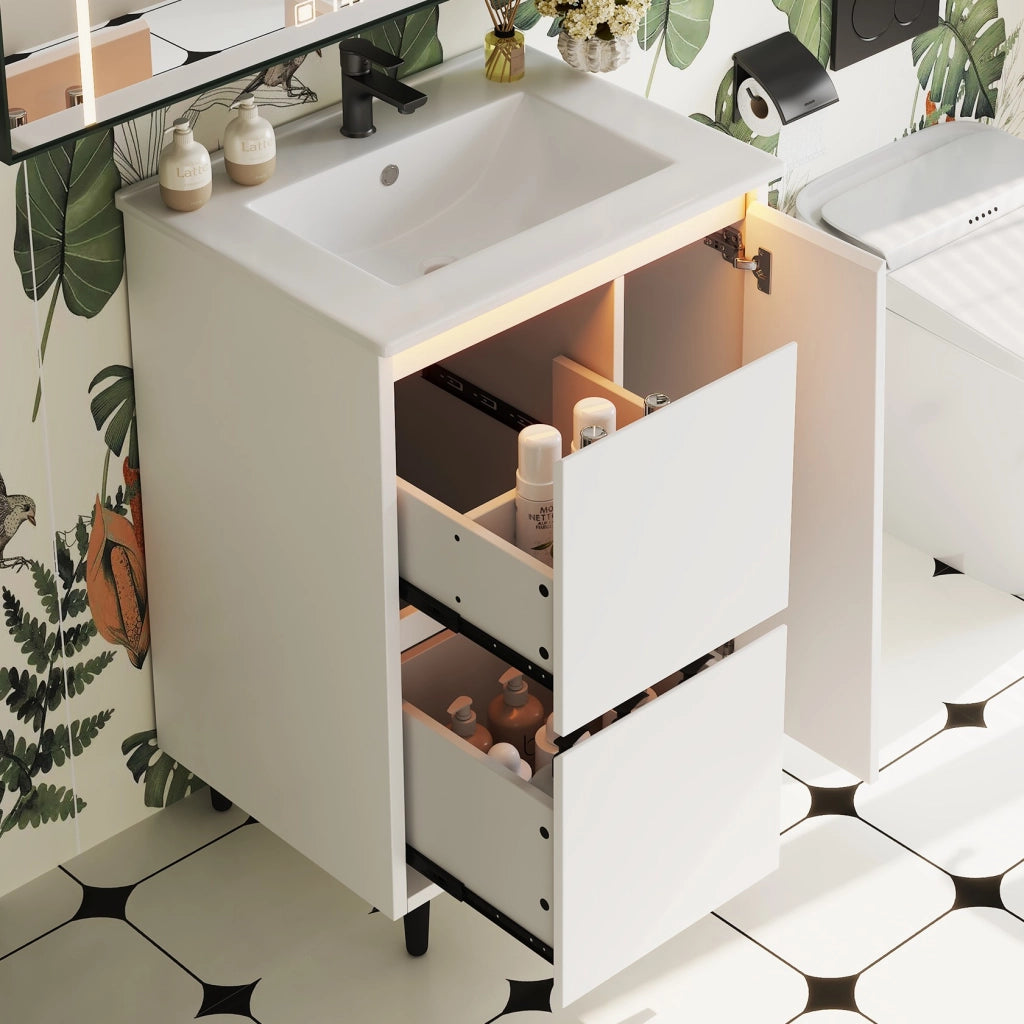 Mobile da bagno con 1 anta e 2 cassetti; lavabo in ceramica - per bagno - bianco