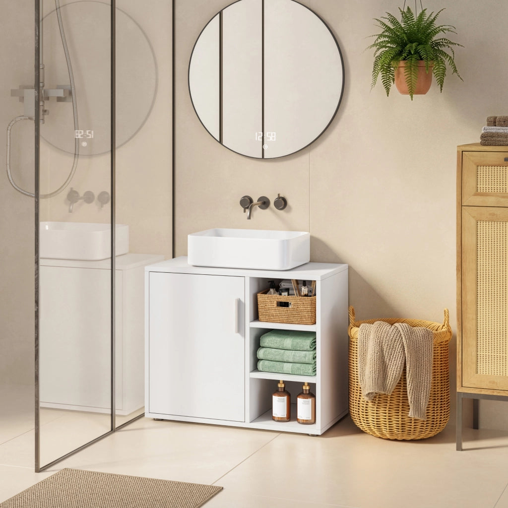 Mobile Sottolavabo Kulaik da Bagno ad Anta e 3 Scomparti Aperti 51 x 60 x 32 cm - Bianco [en.casa]
