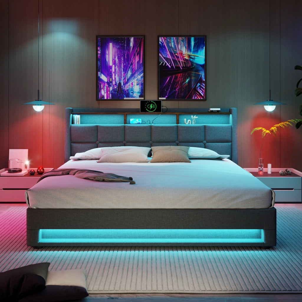 LETTO Imbottito 140x200 cm Grigio in lino con LED e USB