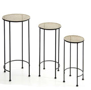 SET 3 TAVOLINI TONDI CON STRUTTURA IN METALLO E PIANO IN VIMINI H70/60/50 CM