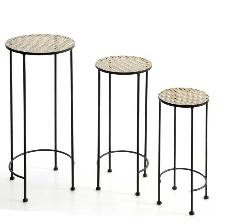 SET 3 TAVOLINI TONDI CON STRUTTURA IN METALLO E PIANO IN VIMINI H70/60/50 CM