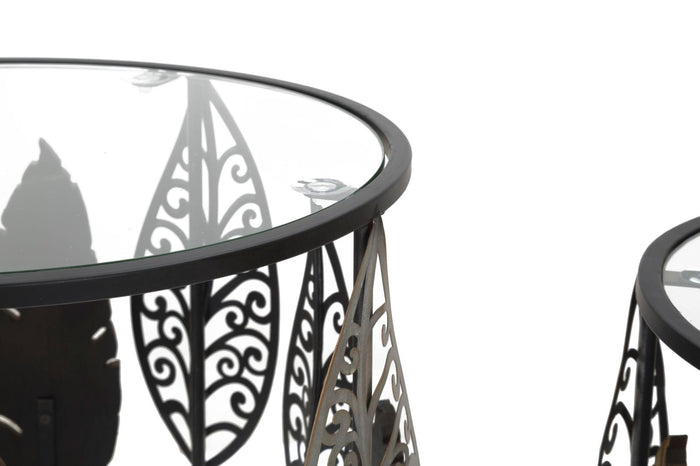 Tavolinetti in Ferro e Legno Foglie Coppia 38x55-33x50 cm in Ferro MDF e Vetro Multicolor