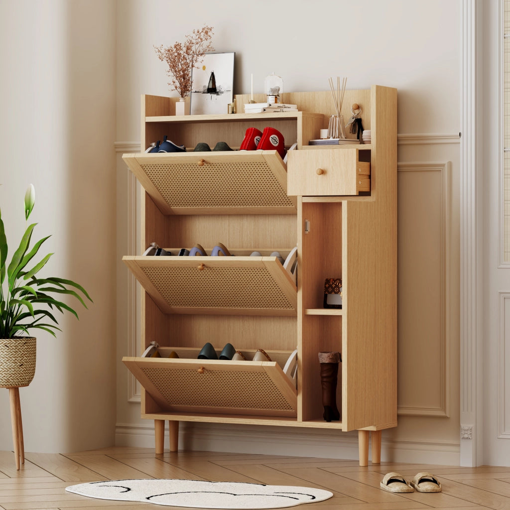 Scarpiera con 3 Ante a Ribalta e 1 Cassetto; con Gambe in Legno Massello; in MDF; 90×17×125 cm; Naturale