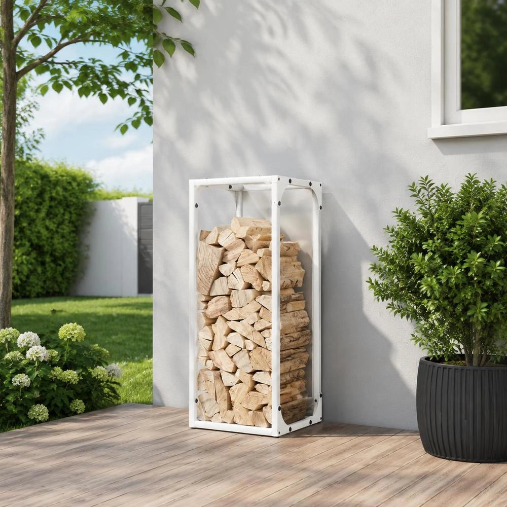 Porta legna bianco, 25x25x60 cm, in acciaio laminato a freddo – robusto e resistente, ideale per esterni, giardino e camino, pratico e durevole