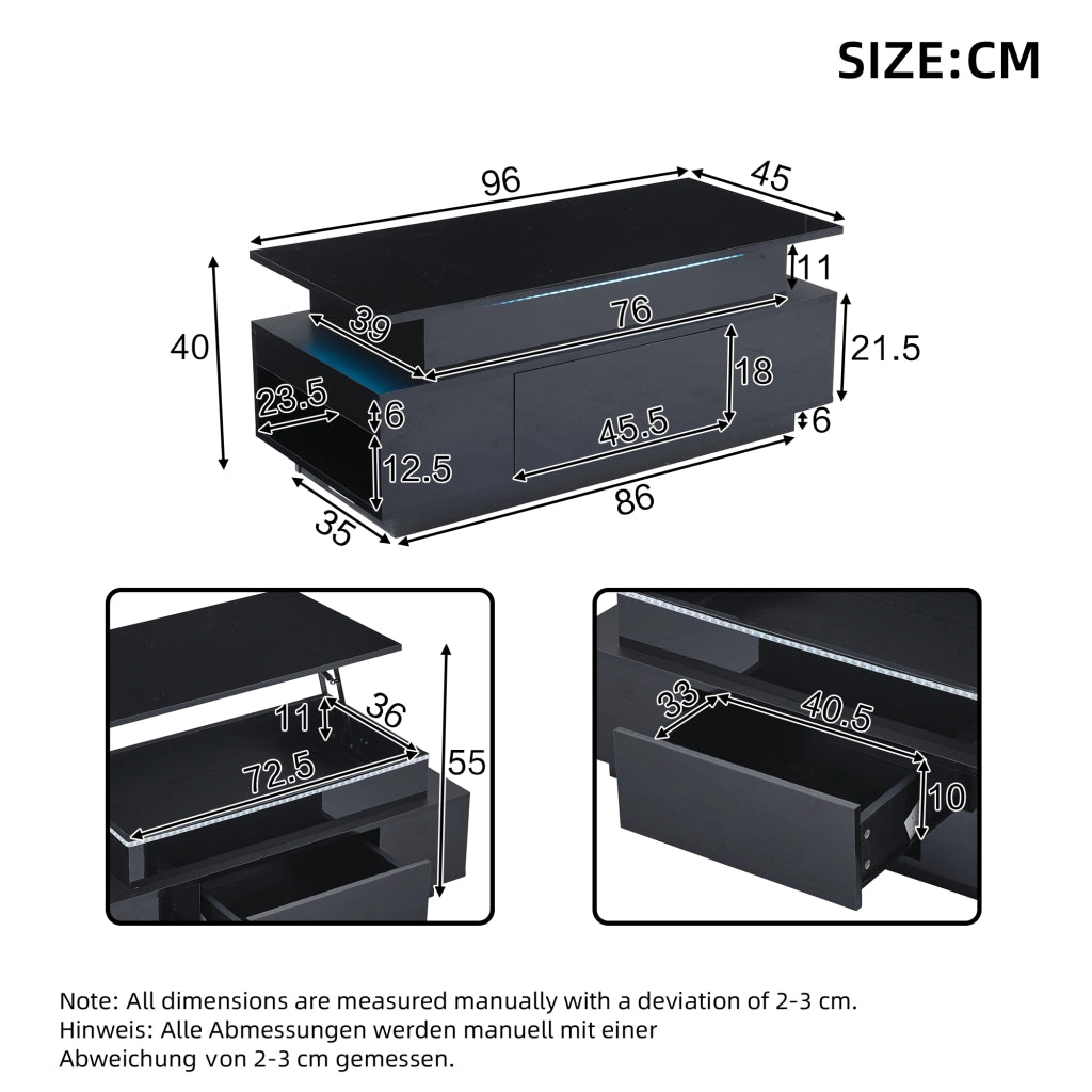 TAVOLO DA SALOTTO ALZABILE 96x45x40 cm NERO in pannello di legno con LED e cassetto